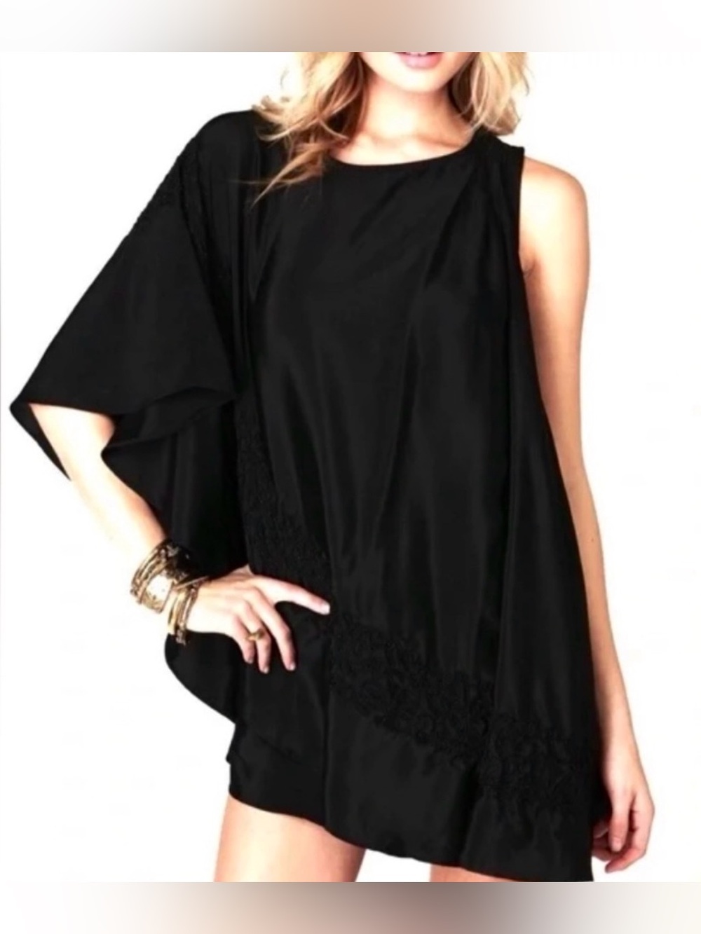 Free People Mini Black Satin One-Shoulder Cocktail Dress. Size Small